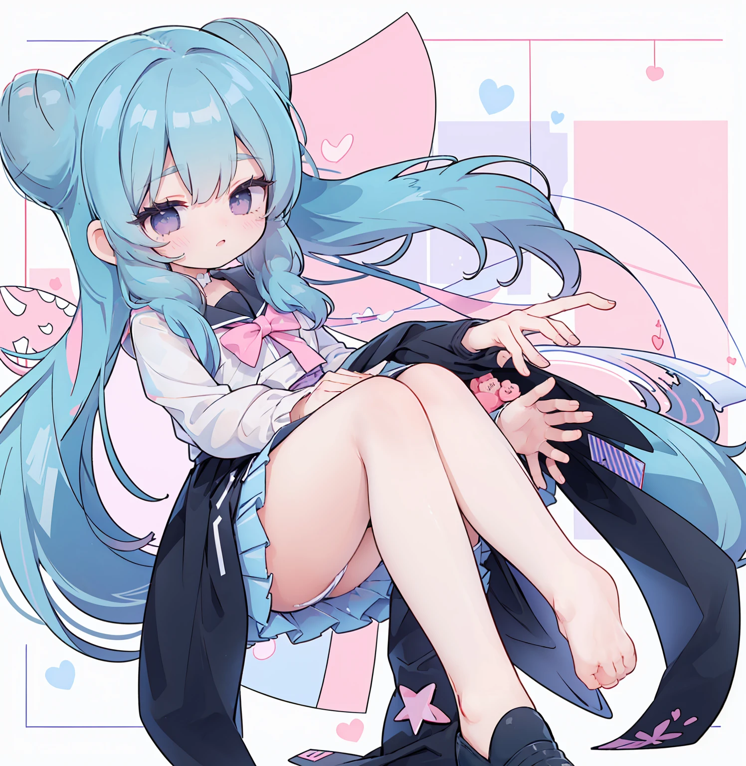 masterpiece, best quality, high resolution, aabeta, double, white simple background, standing, slim waist, cute, sailor uniform, pink bow tie, blue skirt, (PastelColors: 1.3), 