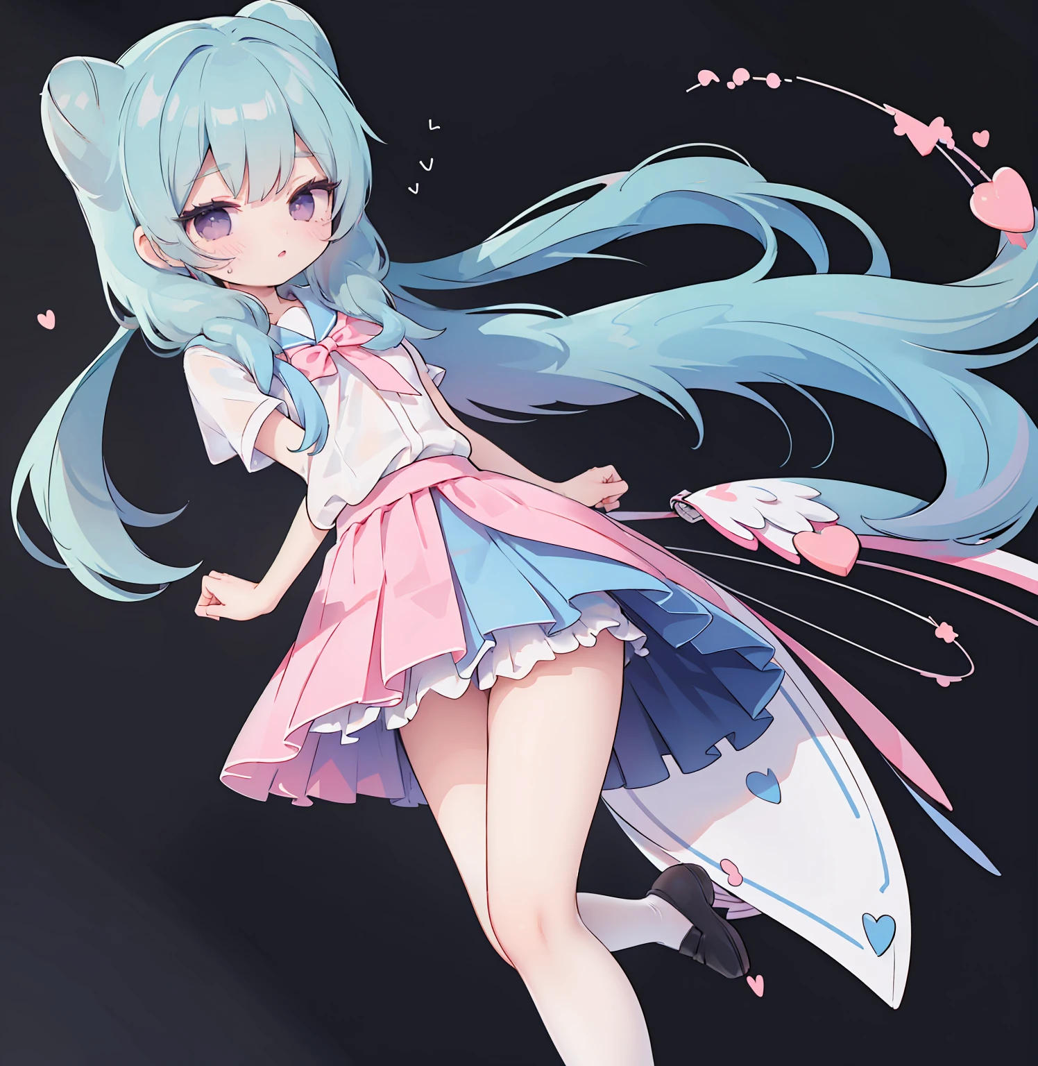 masterpiece, best quality, high resolution, aabeta, double, white simple background, standing, slim waist, cute, sailor uniform, pink bow tie, blue skirt, (PastelColors: 1.3), 