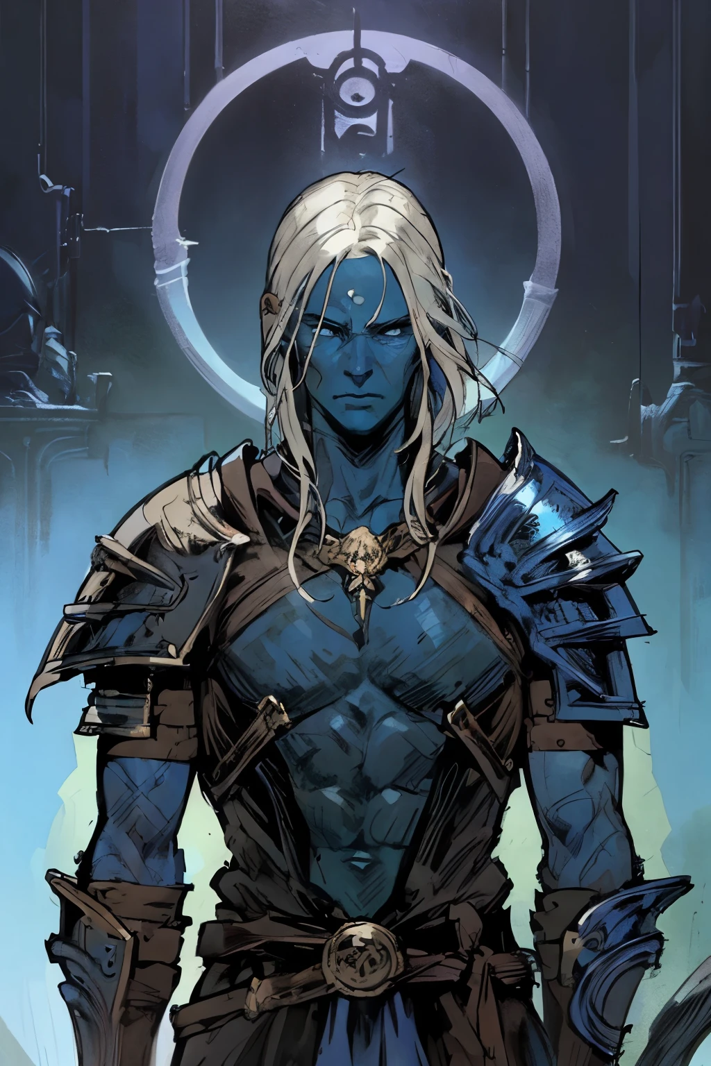 male with blue skin, detailed vibrant armor, shoulder length hair, white_hair, fantasy, SCI-FI, masculine, in the style of     Jean Giraud, Darksouls, Elden ring, glowing spine, 