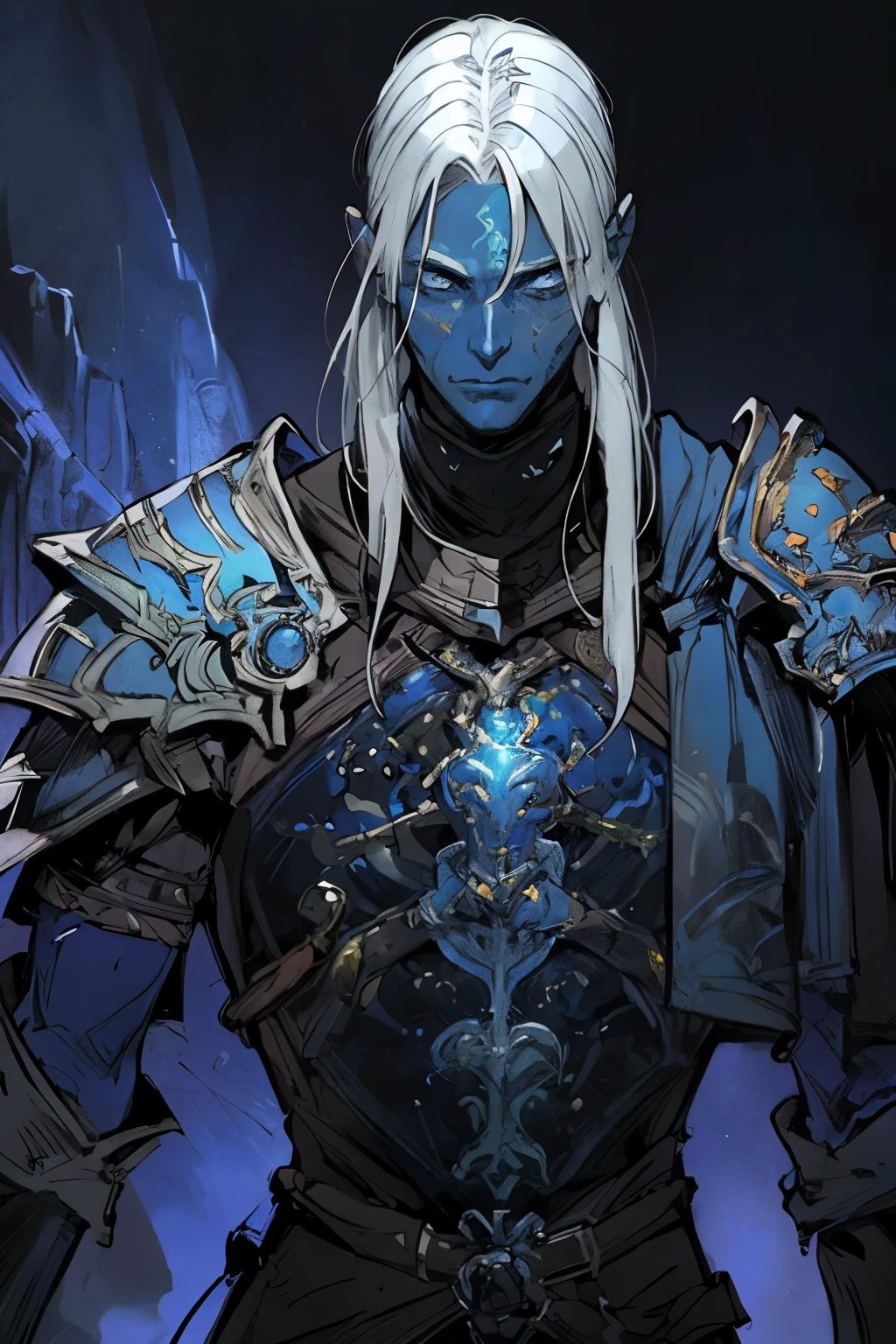 male with blue skin, detailed vibrant armor, shoulder length hair, white_hair, fantasy, SCI-FI, masculine, in the style of     Jean Giraud, Darksouls, Elden ring, glowing spine, 