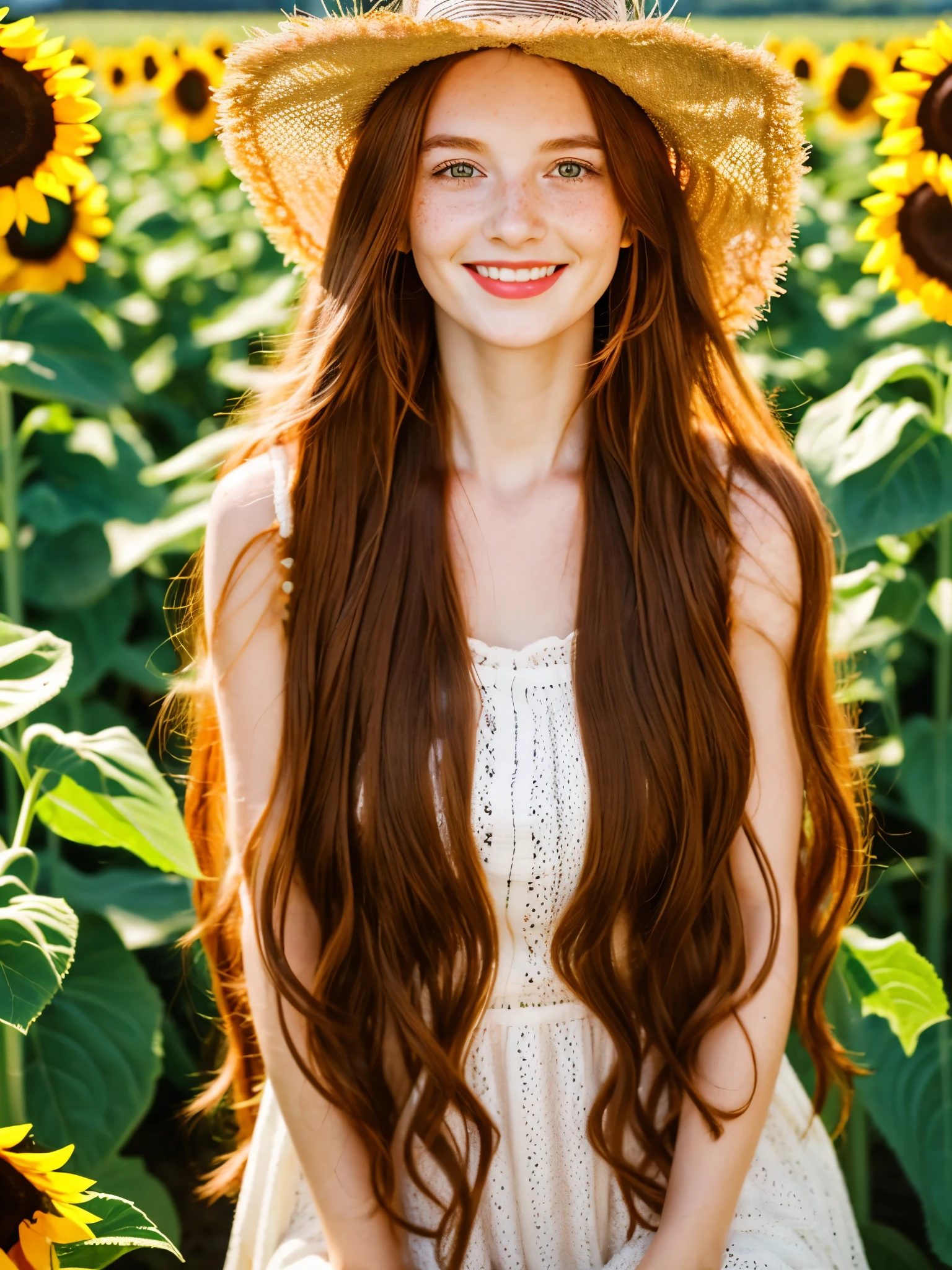 Create a red-haired woman, fair skin with freckles, green eyes and natural red lips, put on a straw hat and farmer's clothes, she should be in a field of sunflowers, smiling. Outdoor