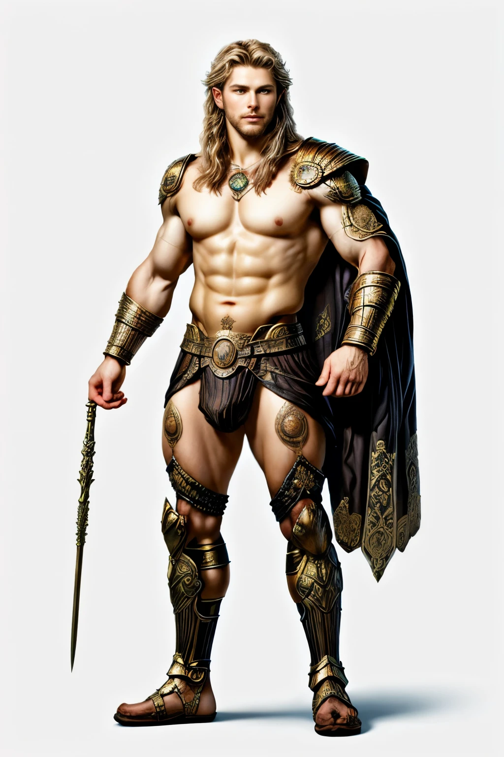 painted portrait of a stout Thor, god of thunder, young greek god, blond windy hair, male, insanely handsome, upper body, muscular, hairy torso, fantasy, intricate, elegant, highly detailed, digital painting, art station, concept art, soft, sharp focus, illustration, wearing only revealing small loincloth,you can see his muscular thighs, gold fabric and jewelry art by Gaston Bussiere and Alphonse Mucha, full body shot
