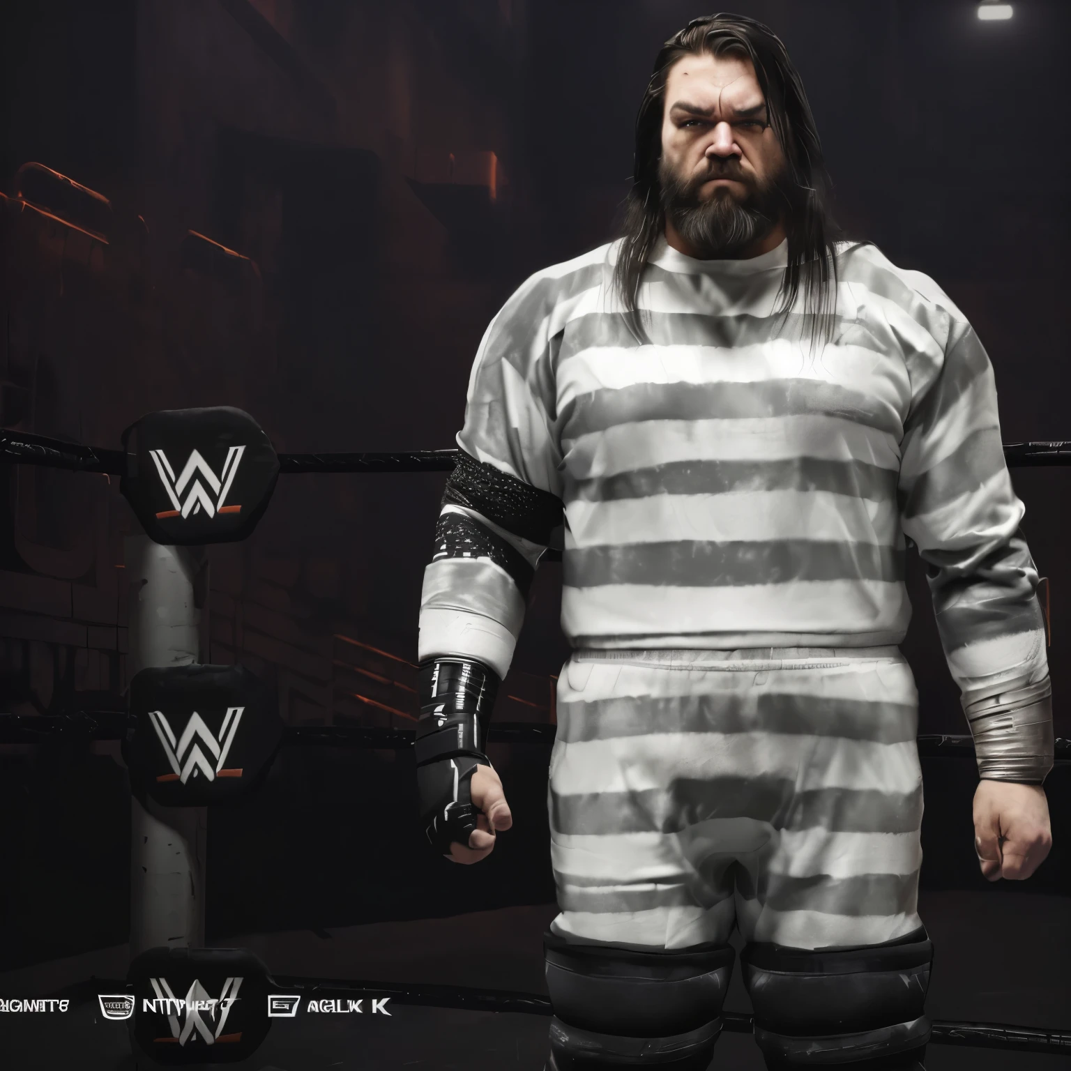 masterpiece, best quality, angry male wrestler in jail jumpsuit with black elbow and knee pads dirty wrist tape long black dirty hair  and beard, (extremely detailed CG unity 8k wallpaper), (best quality), (best illustration), (best shadow), absurdres, realistic lighting, , best quality, ultra high res