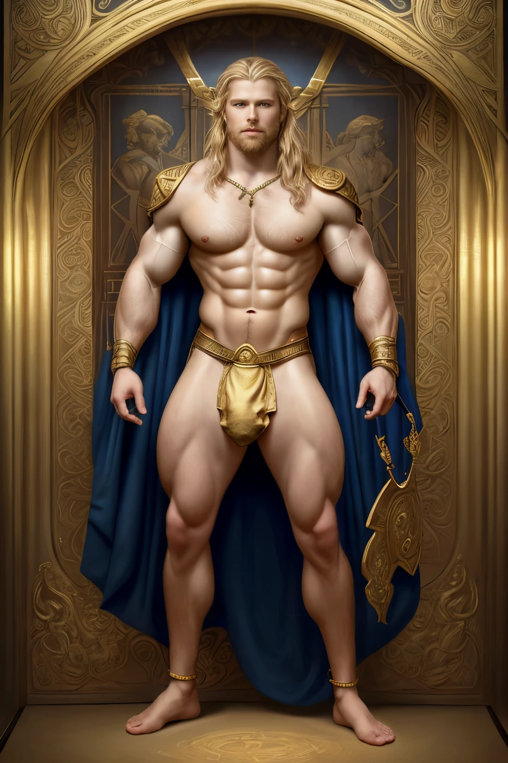 painted portrait of a stout Thor, god of thunder, young greek god, blond windy hair, male, insanely handsome, upper body, muscular, hairy torso, fantasy, intricate, elegant, highly detailed, digital painting, art station, concept art, soft, sharp focus, illustration, wearing only revealing small loincloth,you can see his muscular thighs, gold fabric and jewelry art by Gaston Bussiere and Alphonse Mucha, full body shot
