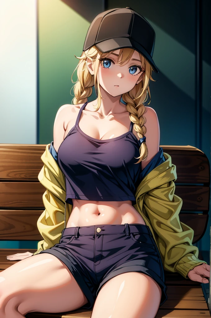 the woman wearing shorts and a baseball cap on the bench is sitting down, 1girl, breasts, solo, blue eyes, hat, twin braids, braid, shorts, navel, baseball cap, sitting, cleavage, looking at viewer, monochrome, spot color, blonde hair, long hair, jacket, off shoulder, collarbone, thighs, midriff, crop top