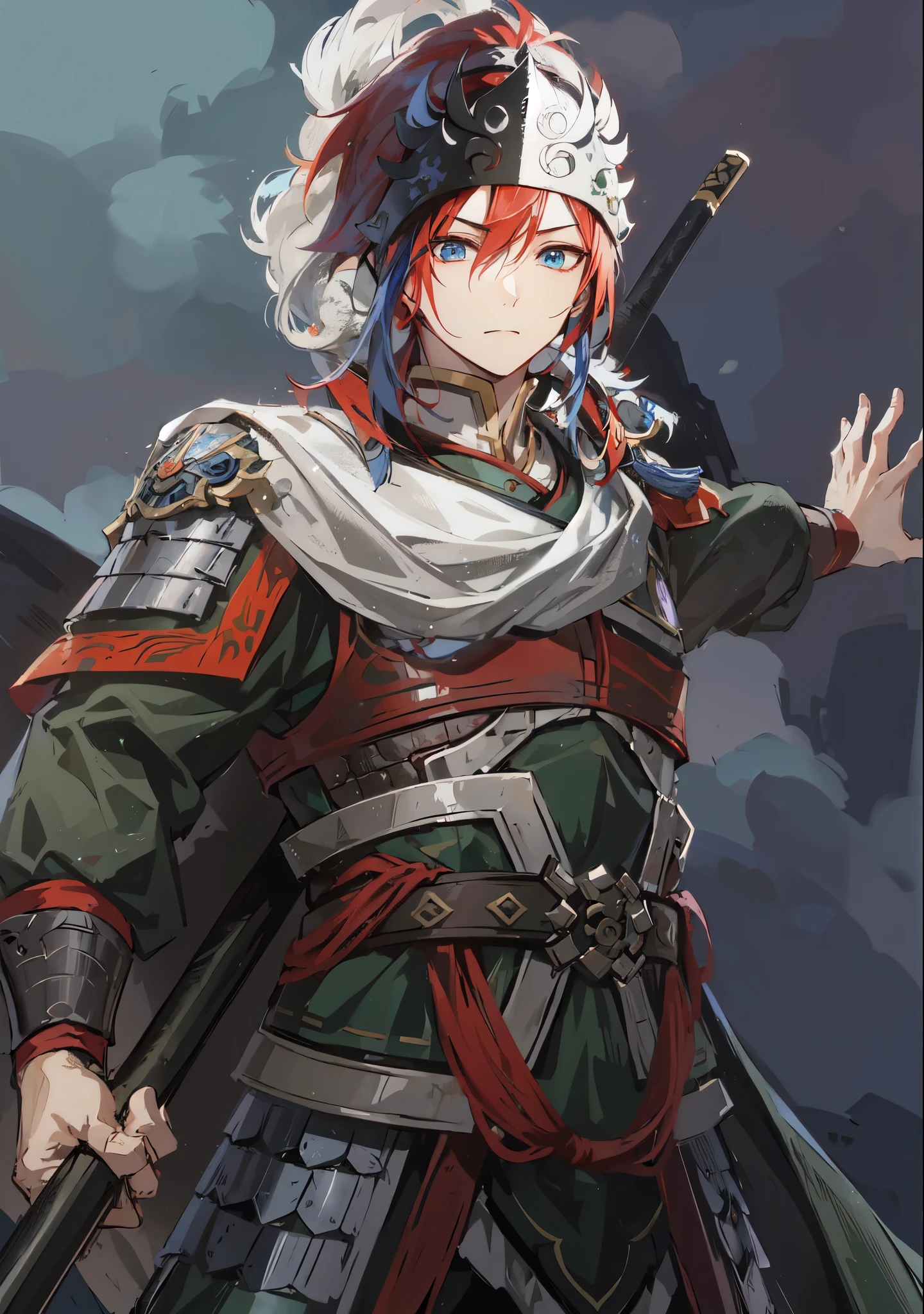 Anime character with red hair and blue eyes holding a spear, Nobutaka Ike, Beautiful androgynous prince, 《Genshin》Keqing, Inspired by Taketoshi Matsumura,  Produced by Anime Painter Studio, confident expression，Mikuni志风格，Mikuni无双风格，Soma Yukihira，Zhao Yun，Ma Chao，Zhou Yu，Jiang Wei，Chinese style martial general，Mikuni，young general，Leadership temperament，Holding a spear，The eyes are sharp，Chinese spear in his right hand，The armor is red and white，Soma Yukihira，Naz