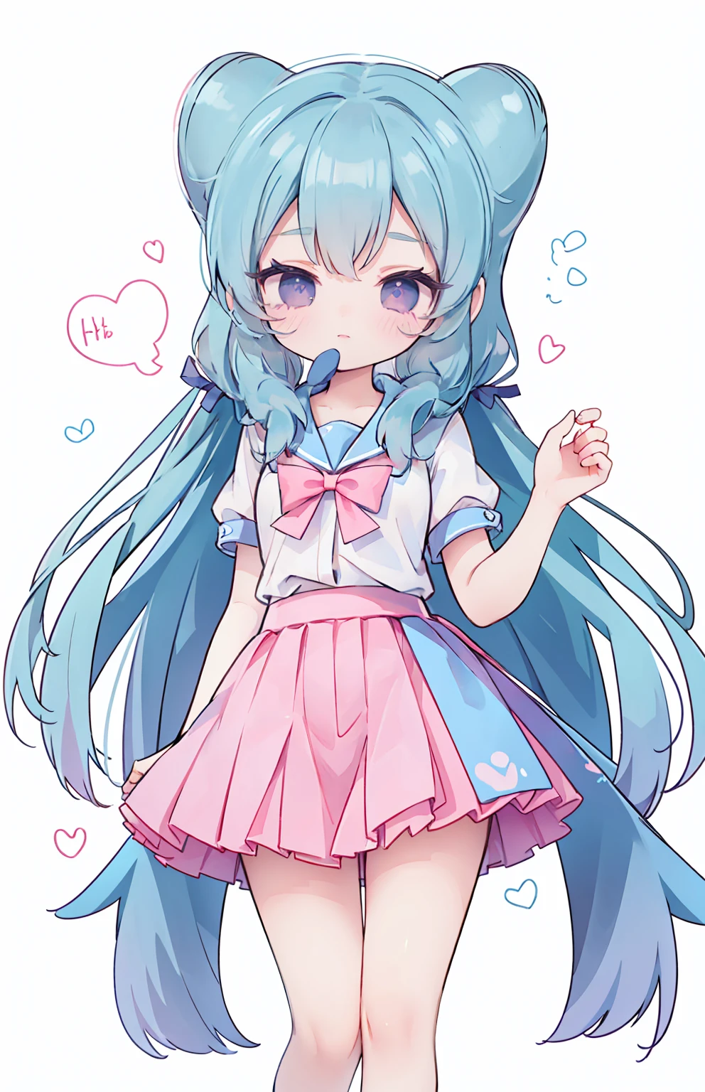 masterpiece, best quality, high resolution, aabeta, double, white simple background, standing, slim waist, cute, sailor uniform, pink bow tie, blue skirt, (PastelColors: 1.3),