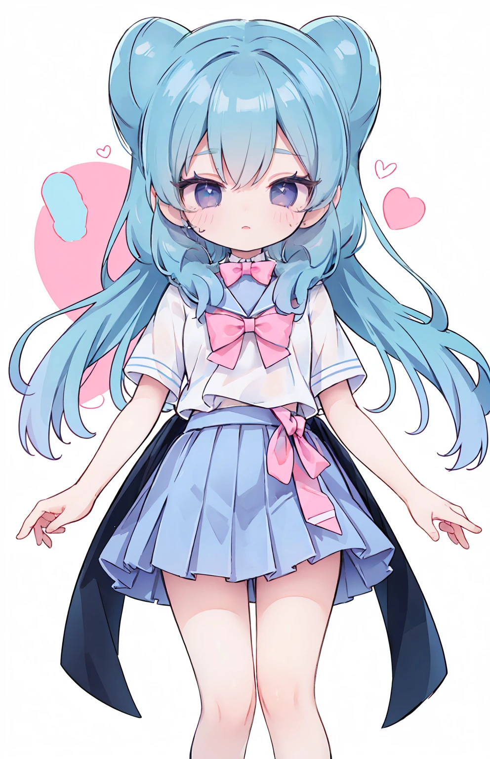 masterpiece, best quality, high resolution, aabeta, double, white simple background, standing, slim waist, cute, sailor uniform, pink bow tie, blue skirt, (PastelColors: 1.3),