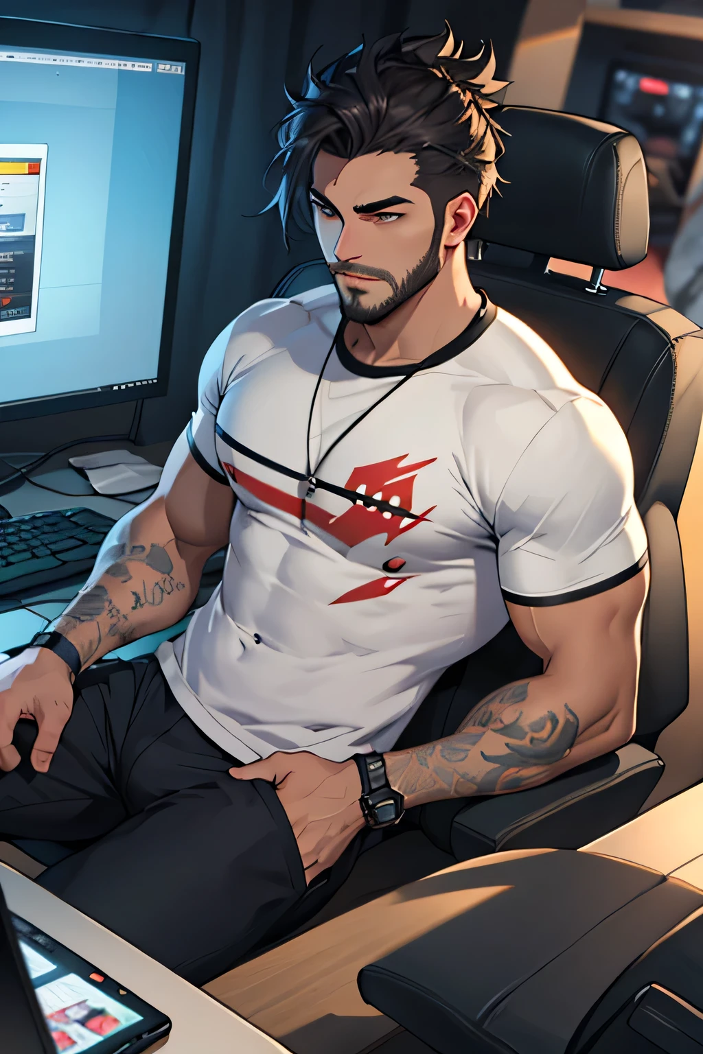 A naked guy is relaxed and sits in a chair. He is absorbed in playing video game, his hands gripping a gamepad intently. The room is illuminated solely by the vibrant glow of the PC display light and RGB lights, looking at screen ((Strong men&#39;s:1.3)),((black hair:1.3)),(Shiny marble eyes:1.45),(NSFW:1.15),((very short hair:1.2)),(A lustrous, soft face:1.4),((blush、Mischievous Smile、Excited face:1.2)),((head down:1.3)),((hand to own mouth:1.5)),((Short sleeve:1.3)),(black、yellow、white、pink),((beautiful image:1.2)),((high Quality:1.2)),((perfect pixiv:1.2)),upper body