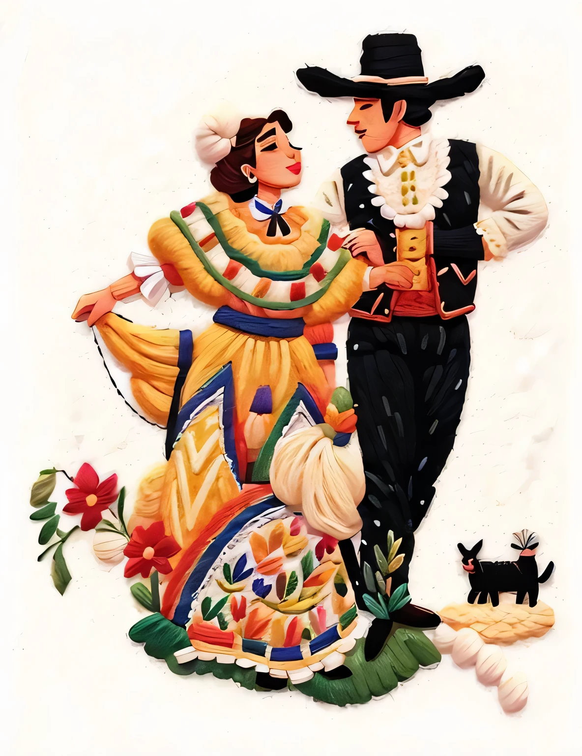 (((made of wool))), ((wool sewing)), an illustration of a couple in mexican costumes standing on a map, folklorico, mexican folklore, traditional costume, latino, folkloric illustration, traditional clothes, traditional clothing, dancers, traditional dress, authentic costume, latino american, folklore, wearing authentic attire, hispanic, mexican vaquero, mexican, mexico, (((Turn the image into wool embroidery)))