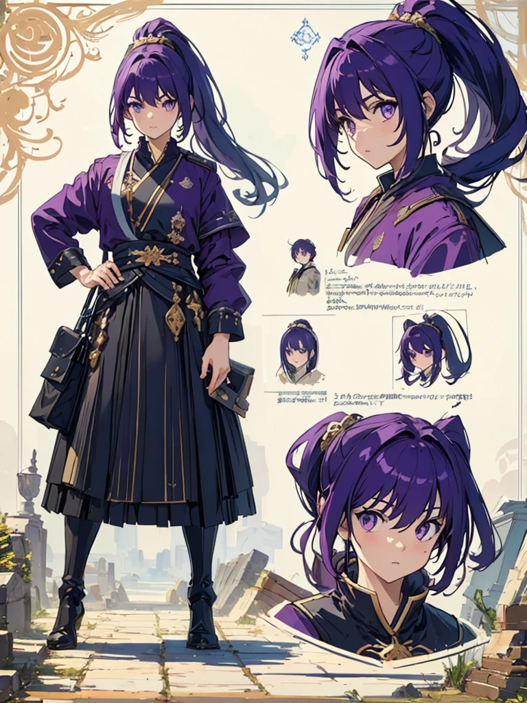 (masterpiece:1.2, highest quality),(Colored Background) (Beautiful detailed eyes: 1.2), (Highly detailed CG Unity 8K wallpaper, masterpiece, highest quality, Super detailed, best shadow), (detailed background) ,solo ,purple hair,purple eyes,ponytail,1girl, sketch (Character design sheet, same character, full body, Three-View, front, ~ side, return), solo,background white, Setting picture