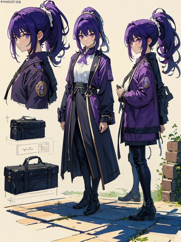 (masterpiece:1.2, highest quality),(Colored Background) (Beautiful detailed eyes: 1.2), (Highly detailed CG Unity 8K wallpaper, masterpiece, highest quality, Super detailed, best shadow), (detailed background) ,solo ,purple hair,purple eyes,ponytail,1girl, sketch (Character design sheet, same character, full body, Three-View, front, ~ side, return), solo,background white, Setting picture