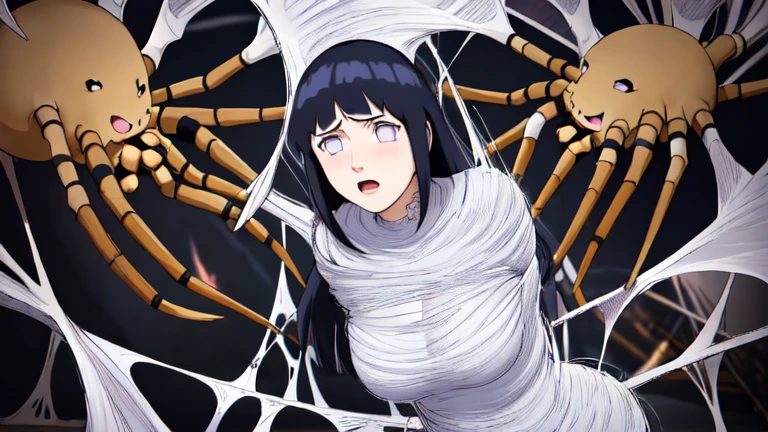 masterpiece, best quality, 1girl, solo, looking at viewer, hinata\(shippuden\), length hair, floating hair,large breasts , breasts out, (Best Quality), hanging,spiders in the web,long spider, Hinata, desperate,struggle, entangled, embarassed face, despair,cocoon,