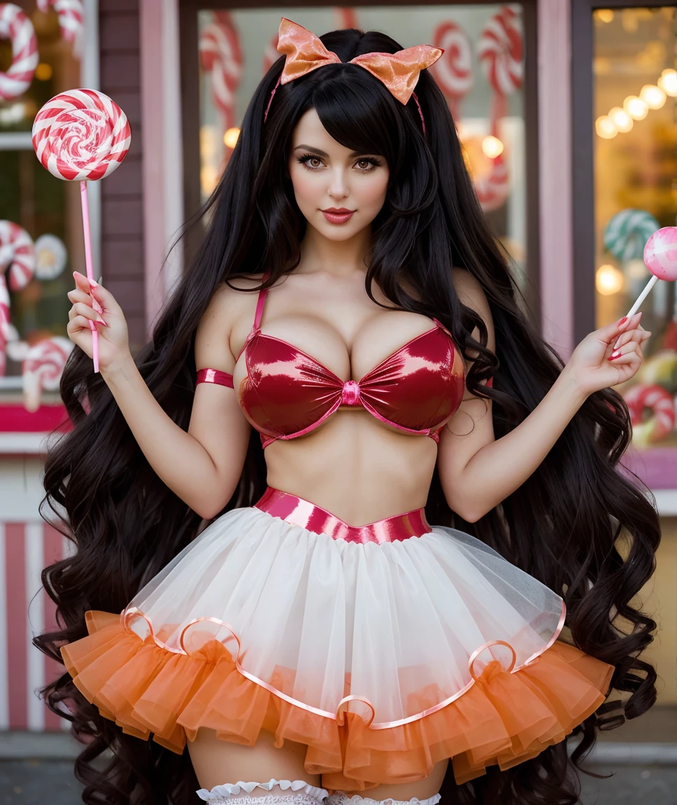 photograph of a dark-haired woman with windblown curls, her hair is intertwined, like a flame against the twilight sky., radiating unbridled beauty, big breasts, wearing a naughty candy costume kinky candy costume (cute candy fantasy) ( (candycosplay) holdind a lolipop in a candy shop