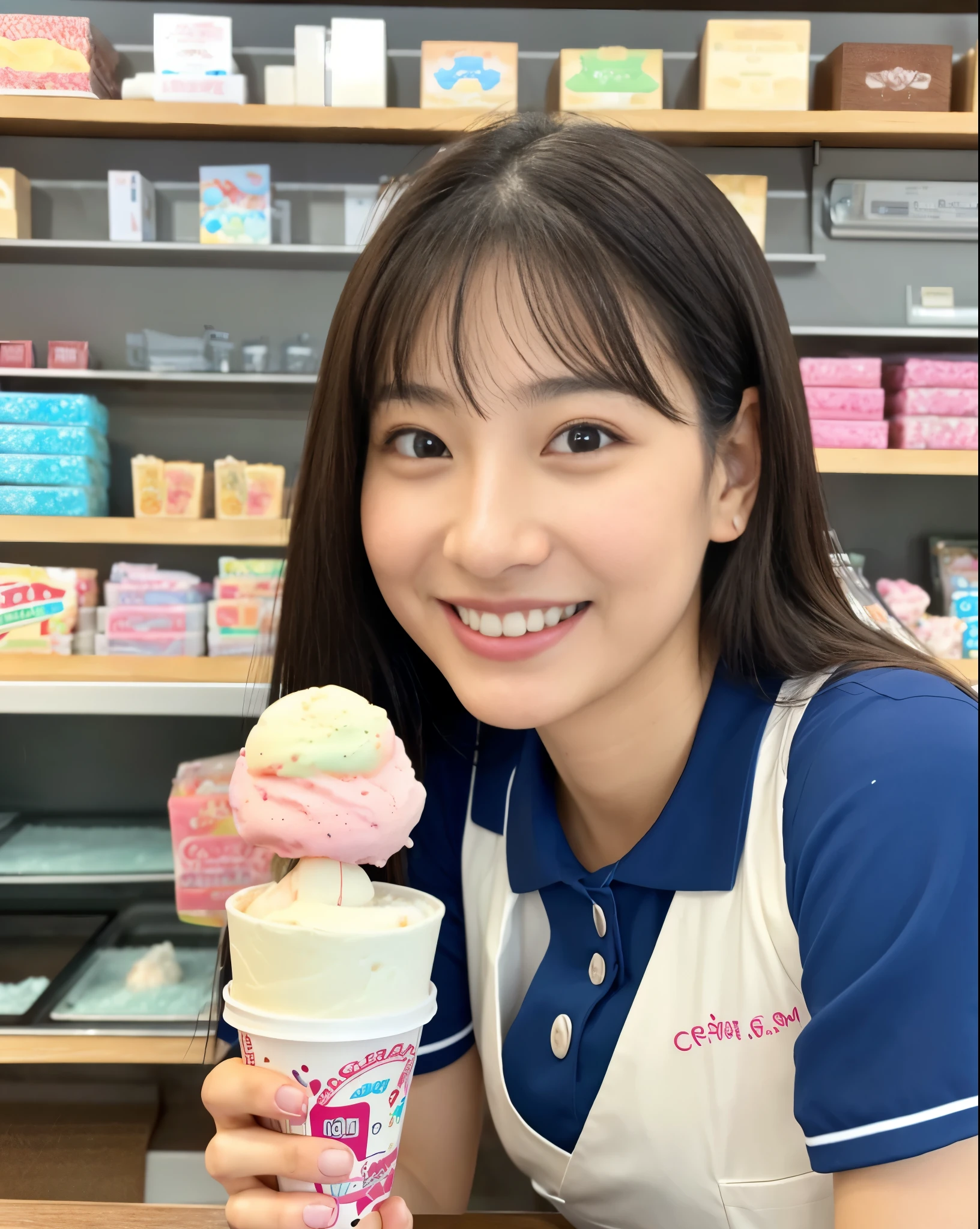 masutepiece、hight resolution、The Ice Cream Shop of the Future、Ice cream shop clerk、30-year-old girl、1Girl clerk、Looking at the camera、smil、Finish as shown in the photo、the skin is white and beautiful、inner colored、