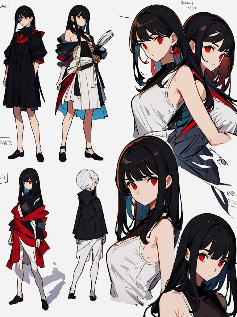 (masterpiece:1.2, highest quality),(Colored Background) (Beautiful detailed eyes: 1.2), (Highly detailed CG Unity 8K wallpaper, masterpiece, highest quality, Super detailed, best shadow), (detailed background) ,solo ,black hair,red eyes,long hair,1girl, sketch (Character design sheet, same character, full body, Three-View, front, ~ side, return), solo,background white, Setting picture