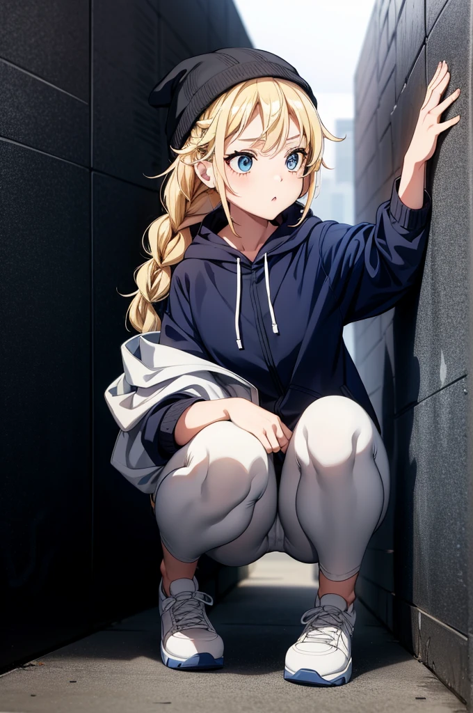 (((grayscale)))(masterpiece:1.2, best quality), (graffiti wall:1.15), 1lady, beanie, jacket, Leggings, blue eyes, fullbody,Eiko Tsukimi, blue eyes, braid, twin braid, blonde hair,baseball cap,Eiko Tsukimi, blue eyes, braid, twin braids, blonde hair, semi long hair,more_details:-1, more_details:0, more_details:0.5, more_details:1, more_details:1.5