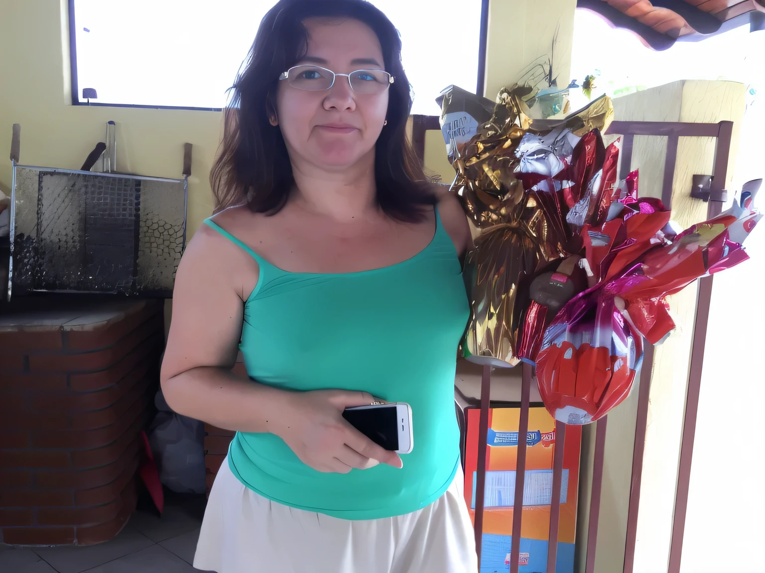 there is a woman standing on a balcony with a dog, with several easter eggs, wearing a green tank top and short beige shorts, breasts protruding, side, side photo, side portrait, wearing tight t-shirt, medium waist raised, side photo, shirt tight, waist shot, from outside, half body shot, half body shot, pillar, half body close up, looking from the side!, extremely sexy woman, sexy pose, 8K, NFSW. Masterpiece, best quality, (best quality), (8k CG unity wallpaper, realistic lighting, extremely detailed), (best quality), (best illustration), (best shadow), absurdities, realistic lighting, (Abyss ), beautiful detailed shine. Best quality, high resolution, Masterpiece: 1.3, High resolution (photographically realistic). She is around 35 years old, a woman in good physical condition.