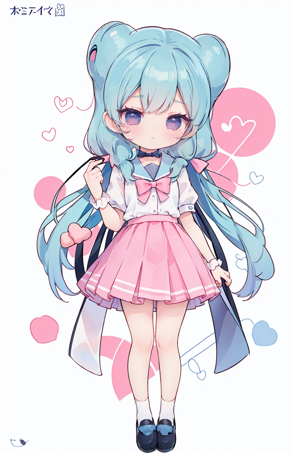 masterpiece, best quality, high resolution, aabeta, double, white simple background, standing, slim waist, cute, sailor uniform, pink bow tie, blue skirt, (PastelColors: 1.3), cute (chibi: 1.3)