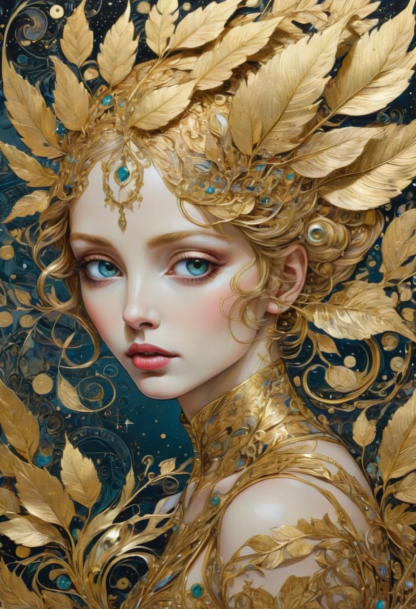Gold Leaf Art, Gold Foil, best quality, masterpiece, very aesthetic, perfect composition, intricate details, ultra-detailed, by Del Kathryn Barton