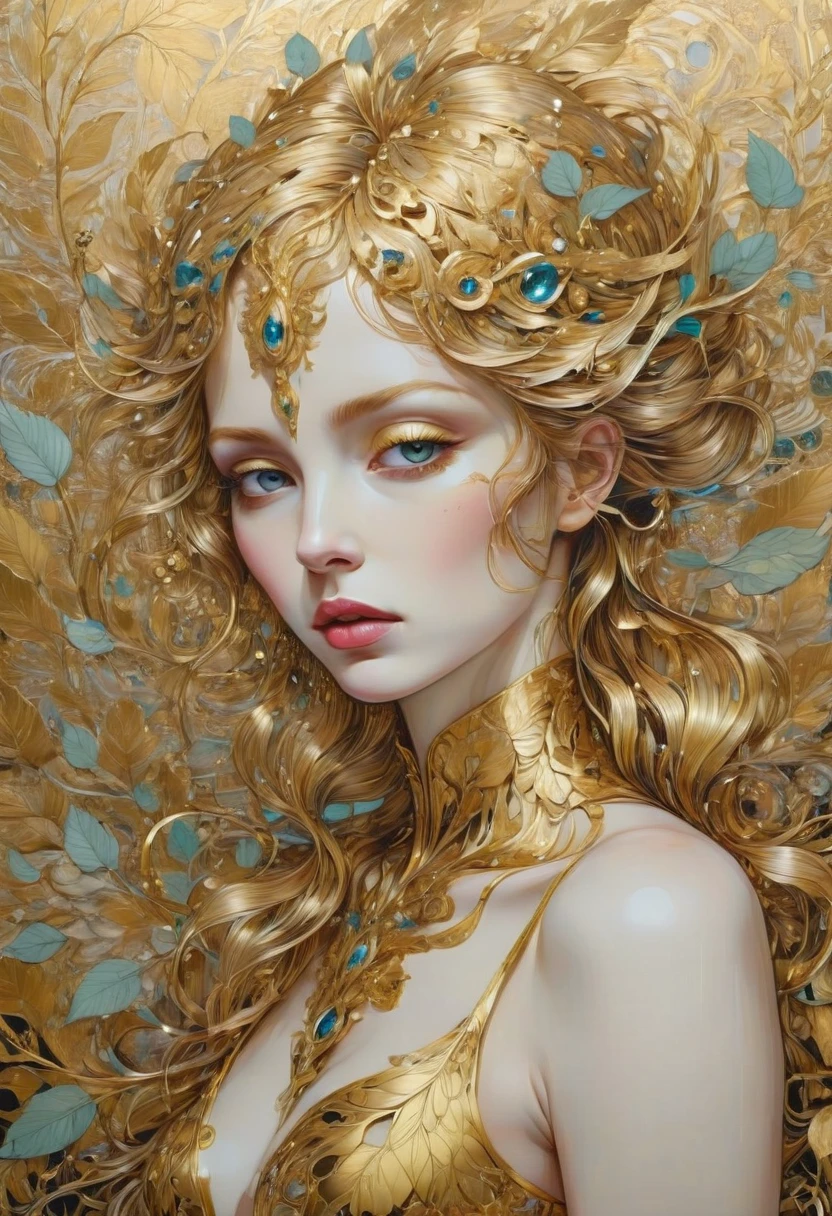 Gold Leaf Art, Gold Foil, best quality, masterpiece, very aesthetic, perfect composition, intricate details, ultra-detailed, by Del Kathryn Barton