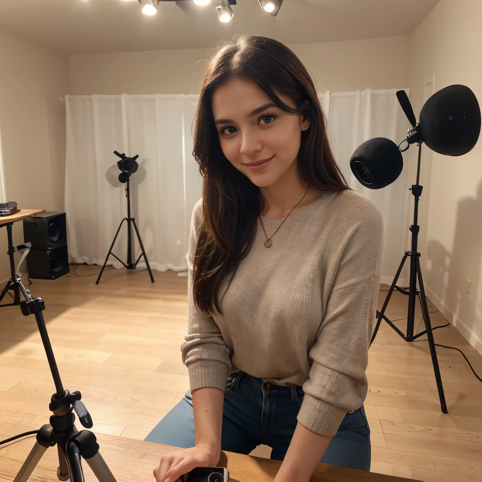 Extremely detailed eyes and face, beautifully detailed eyes, happy and innocent smile, huge file size, high resolution, highly detailed, maximum quality, [masterpiece: 1.6], highly detailed lighting, fine details, maximum quality, 8k wallpaper, cinematic lighting, a girl in her home recording studio looking at her cellphone camera placed on a table tripod, recording a video for Instagram, digital influencer, Instagram, Microphone, camera tripod, studio lighting, Light in the eyes, cute and discreet clothing, dynamic poses, a 28-year-old girl.