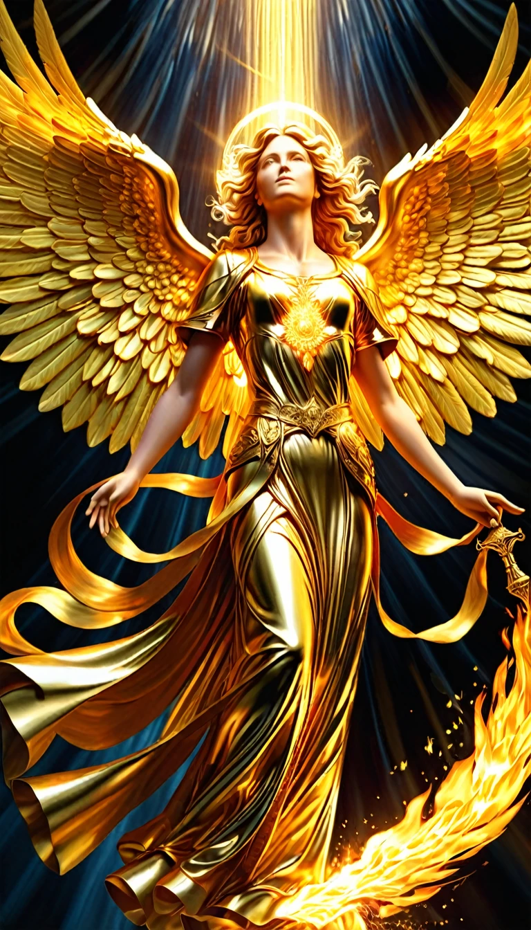 (gold art:1.5), Guardian angel and the divine flame, amazing and impactful image, very detailed and impeccable, 4K definition