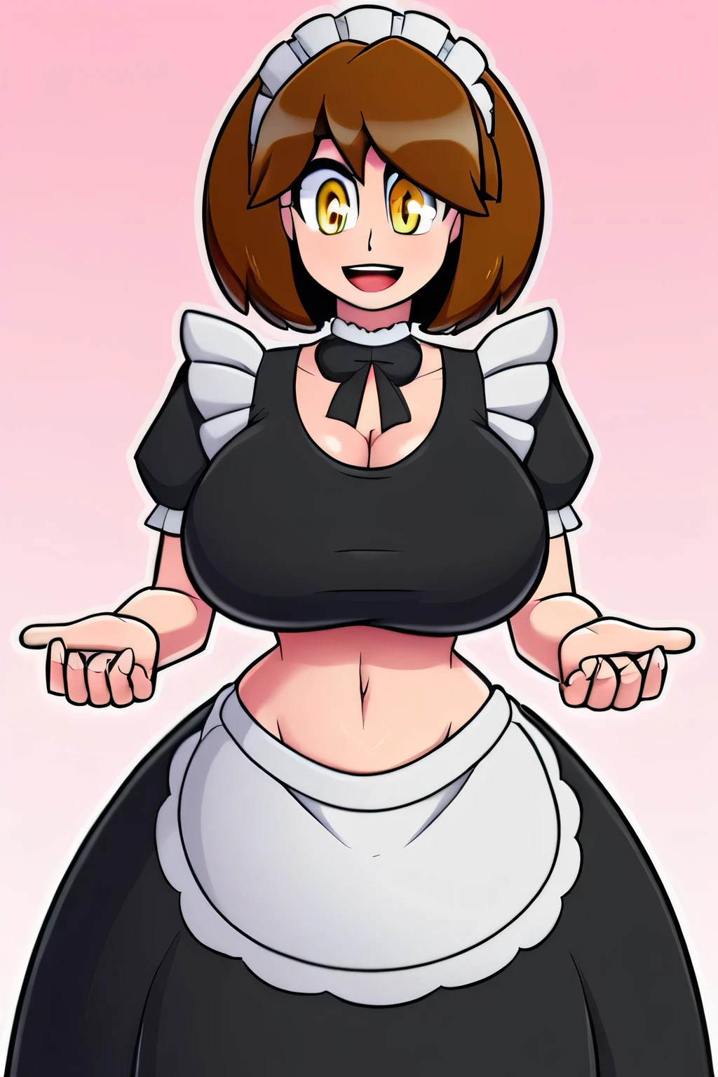 A mature older woman huge big chest dark brown hair her light yellow eye round big eyelash wears black maid top shows navel and wears metallic black maid skirt and happy