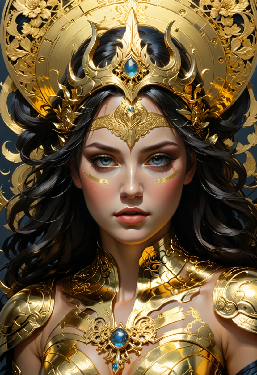 a painting of a woman with golden circles and a blue background, beautiful gorgeous digital art, karol bak uhd, gorgeous digital art, dreamy art, beautiful digital art, exquisite digital illustration, a beautiful artwork illustration, style of karol bak, expressive beautiful painting, beautiful digital artwork, intricate oil painting artwork, by Karol Bak, hauntingly beautiful art