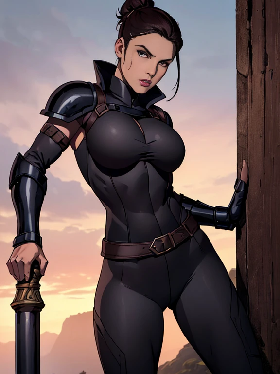 (masterpiece, top quality, best quality, official art, beautiful and aesthetic:1.2), (1girl:1.3), sexy, pornstar face, dark brown hair in a tight bun, extremely detailed, portrait, looking at viewer, solo, (full body:0.6), gray background, close up, charlatan, mysterious, standing in a garden, crest, pauldrons, hip armor, breastplate, greaves, bracers, gloves, banner, metal, black leather, breeches, leggings, loose pants, bracers, armor, gauntlets, boots, buckles, straps, (big breasts), slim waist, slim hips, long legs, sunset, minimal background, dark mysterious lighting, shadows, magical atmosphere, dutch angle, impractical armor, nearly naked