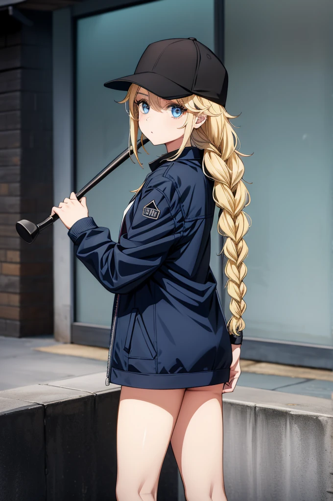 a woman with a black and blue hat is holding a blue handle, 1girl, solo, blue eyes, hat, blonde hair, baseball cap, braid, long hair, black headwear, black footwear, jacket, looking at viewer