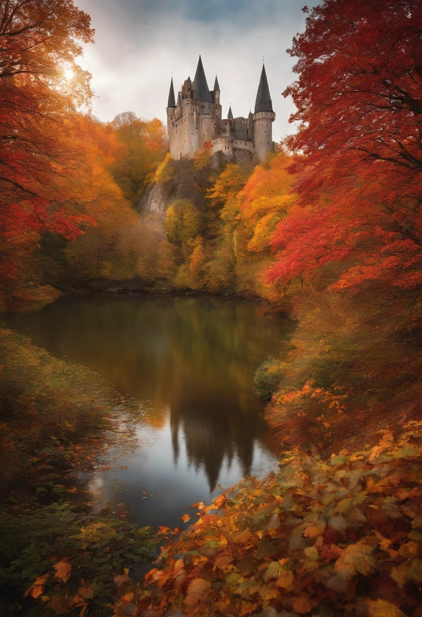 Castle ona Hill forest autumn fairy tales