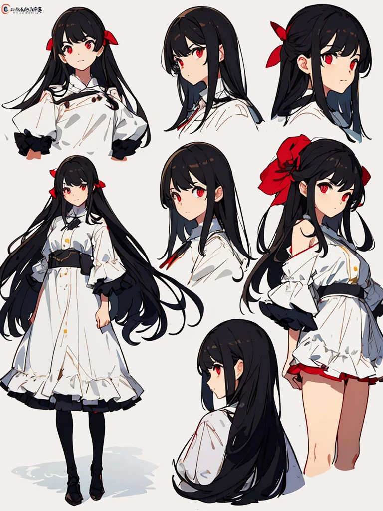 (masterpiece:1.2, highest quality),(Colored Background) (Beautiful detailed eyes: 1.2), (Highly detailed CG Unity 8K wallpaper, masterpiece, highest quality, Super detailed, best shadow), (detailed background) ,solo ,black hair,red eyes,long hair,1girl, sketch (Character design sheet, same character, full body, Three-View, front, ~ side, return), solo,background white, Setting picture