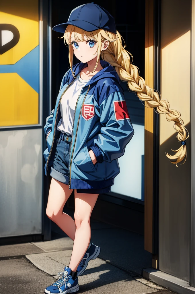 she is the one wearing the blue jacket and blue jeans, and her blonde ponytail is flowing behind her, 1girl, solo, blonde hair, twin braids, blue eyes, braid, jacket, long hair, hat, full body, blue jacket, looking at viewer, hands in pockets, shirt, white shirt, shoes