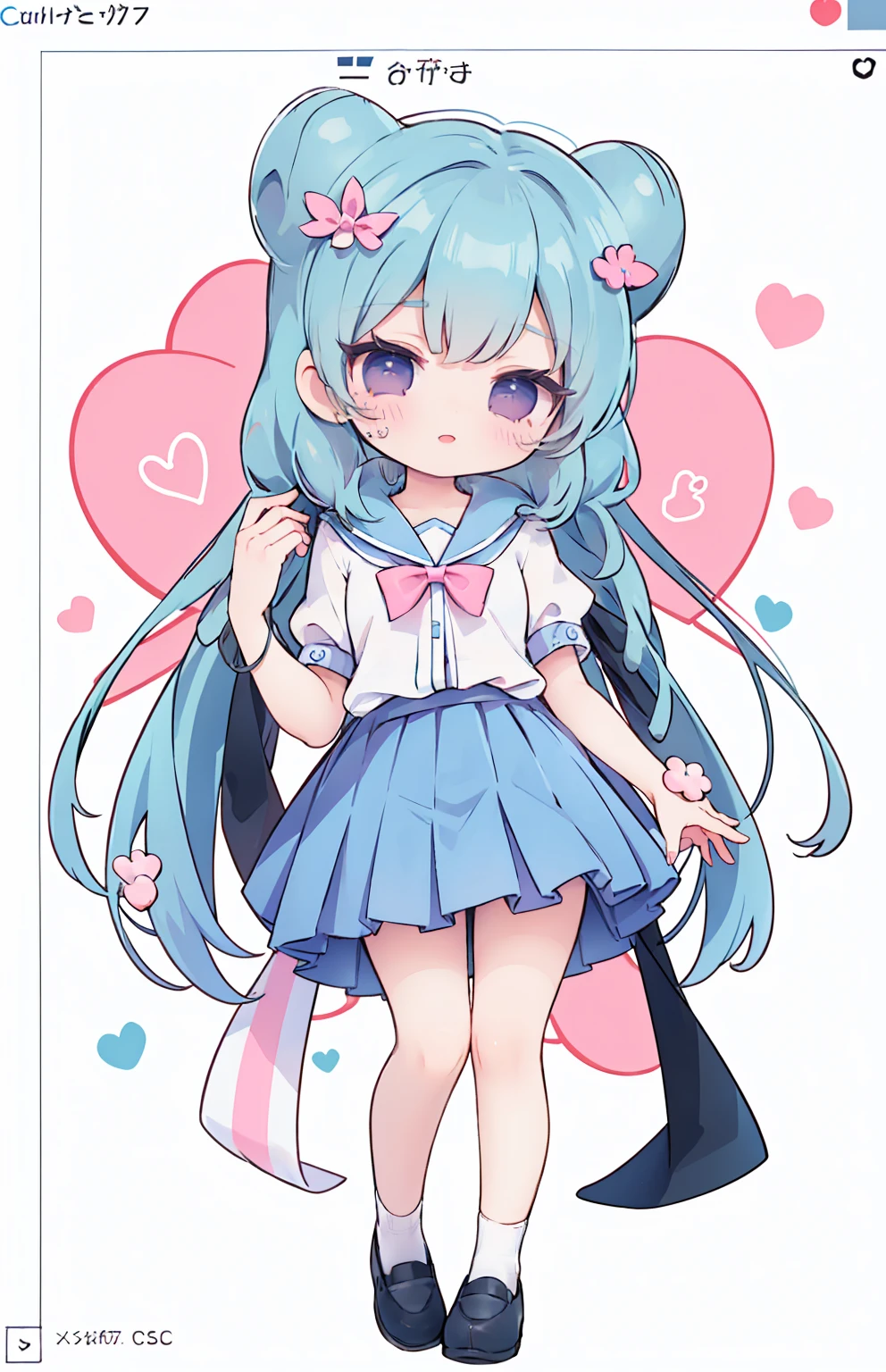 masterpiece, best quality, high resolution, aabeta, double, white simple background, standing, slim waist, cute, sailor uniform, pink bow tie, blue skirt, (PastelColors: 1.3), cute (chibi: 1.3)