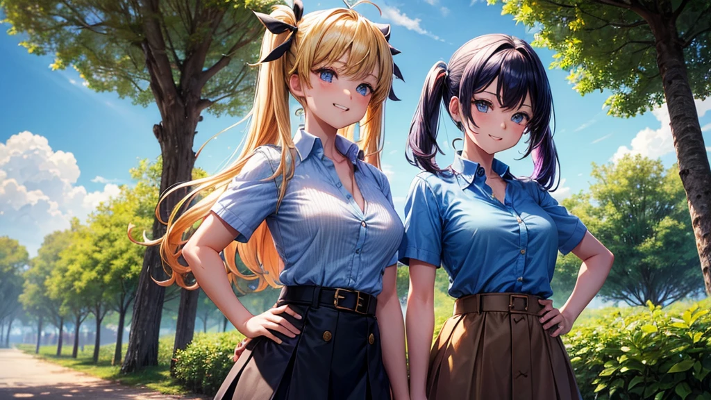 2girls, summer, village, trees, sun, clouds, ((colorful hair)), twintail, large breasts, button down, blue eyes, ((blue shirt)), ((unbuttoned shirt)), unbuttoning buttons, popping buttons, ((short sleeved shirt)), black mini skirt, brown shoes, grin, standing, hair ribbon, cleavage, golden necklate, hand on hip