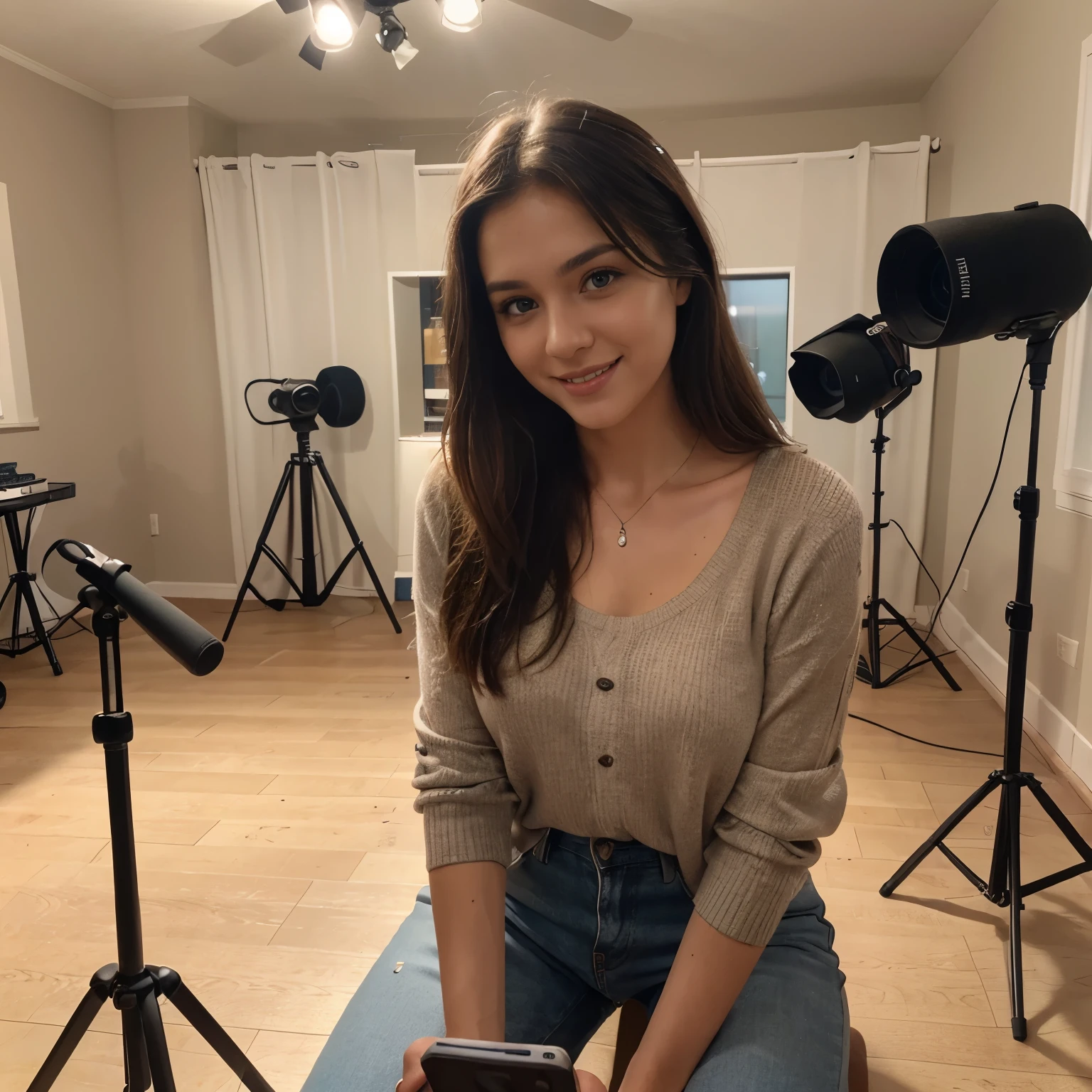 Extremely detailed eyes and face, beautifully detailed eyes, happy and innocent smile, huge file size, high resolution, highly detailed, maximum quality, [masterpiece: 1.6], highly detailed lighting, fine details, maximum quality, 8k wallpaper, cinematic lighting, a girl in her home recording studio looking at her cellphone camera placed on a table tripod, recording a video for Instagram, digital influencer, Instagram, Microphone, camera tripod, studio lighting, Light in the eyes, cute and discreet clothing, dynamic poses, a 28-year-old girl.