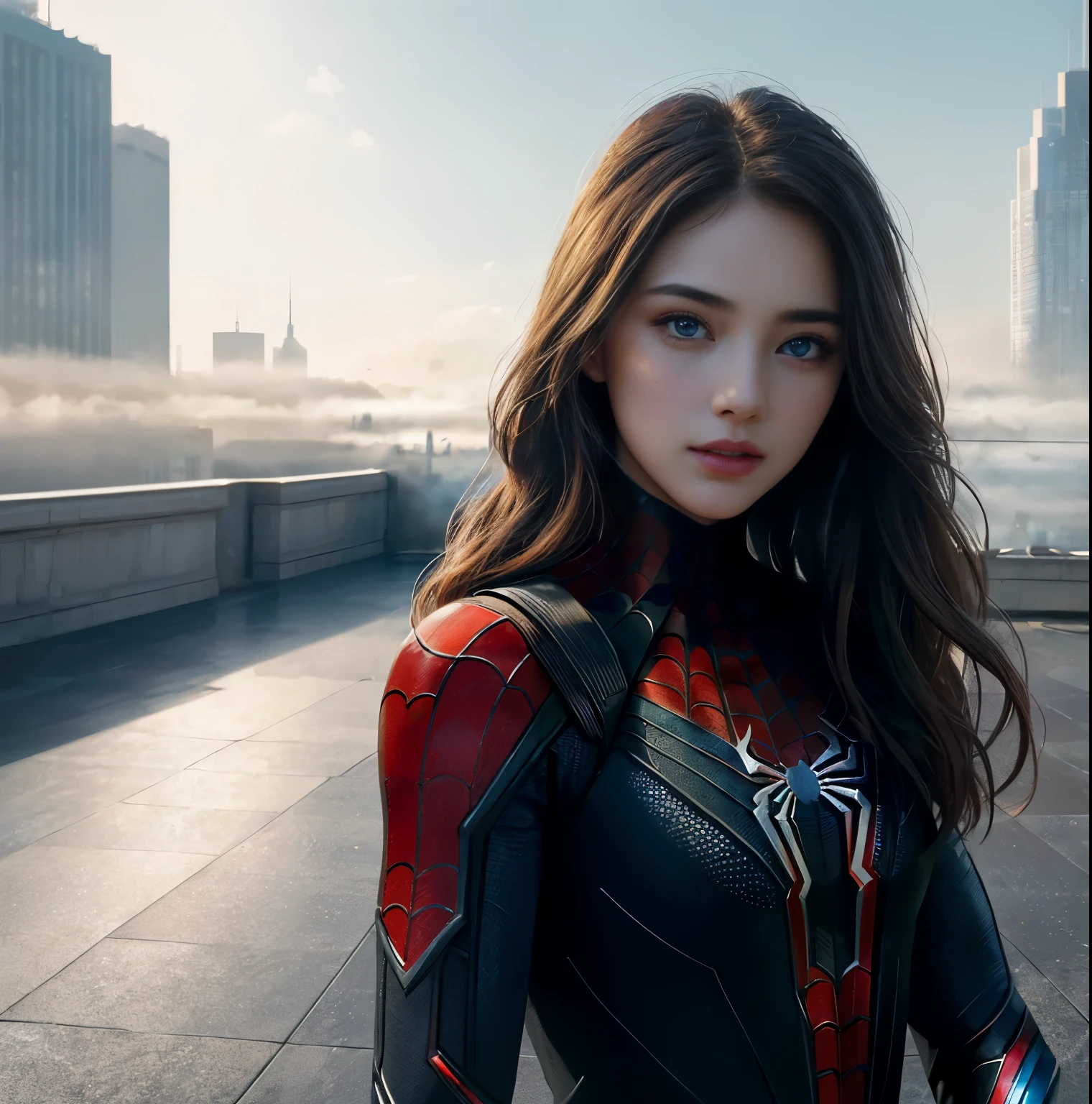(1girl:1.3), Solo, (((Very detailed face)))), ((Very detailed eyes and face)))), Beautiful detail eyes, Body parts__, Official art, Unified 8k wallpaper, Super detailed, beautiful and beautiful, beautiful, masterpiece, best quality, original, masterpiece, super fine photo, best quality, super high resolution, realistic realism, sunlight, full body portrait, amazing beauty, dynamic pose, delicate face, vibrant eyes, (from the front), She wears Spider-Man suit, red and black color scheme, spider, very detailed city roof background, rooftop, overlooking the city, detailed face, detailed complex busy background, messy, gorgeous, milky white, highly detailed skin, realistic skin details, visible pores, clear focus, volumetric fog, 8k uhd, DSLR, high quality, film grain, fair skin, photo realism, lomography, futuristic dystopian megalopolis, translucent