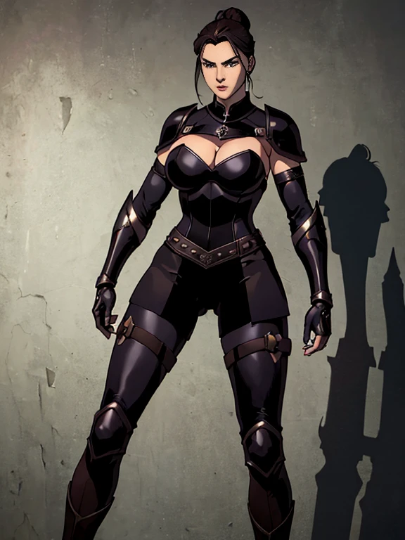 (masterpiece, top quality, best quality, official art, beautiful and aesthetic:1.2), (1girl:1.3), sexy, pornstar face, dark brown hair in a tight bun, extremely detailed, portrait, looking at viewer, solo, (full body:0.6), gray background, close up, charlatan, mysterious, standing in a garden, crest, pauldrons, greaves, bracers, gloves, metal, leather, bracers, armor, gauntlets, boots, buckles, straps, (big breasts), slim waist, long legs, minimal background, dark mysterious lighting, shadows, magical atmosphere, dutch angle, impractical armor, nearly naked