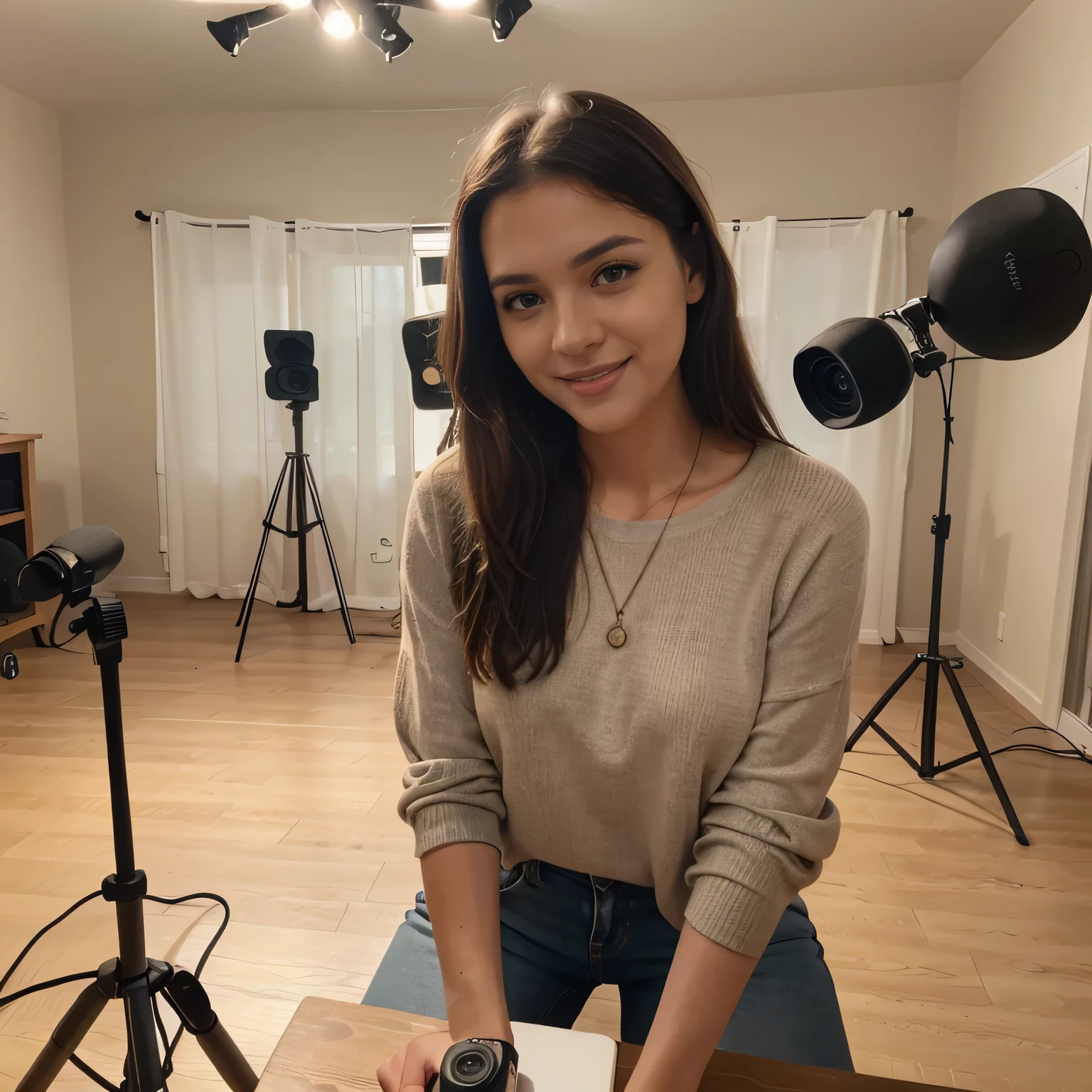 Extremely detailed eyes and face, beautifully detailed eyes, happy and innocent smile, huge file size, high resolution, highly detailed, maximum quality, [masterpiece: 1.6], highly detailed lighting, fine details, maximum quality, 8k wallpaper, cinematic lighting, a girl in her home recording studio looking at her cellphone camera placed on a table tripod, recording a video for Instagram, digital influencer, Instagram, Microphone, camera tripod, studio lighting, Light in the eyes, cute and discreet clothing, dynamic poses, a 28-year-old girl.