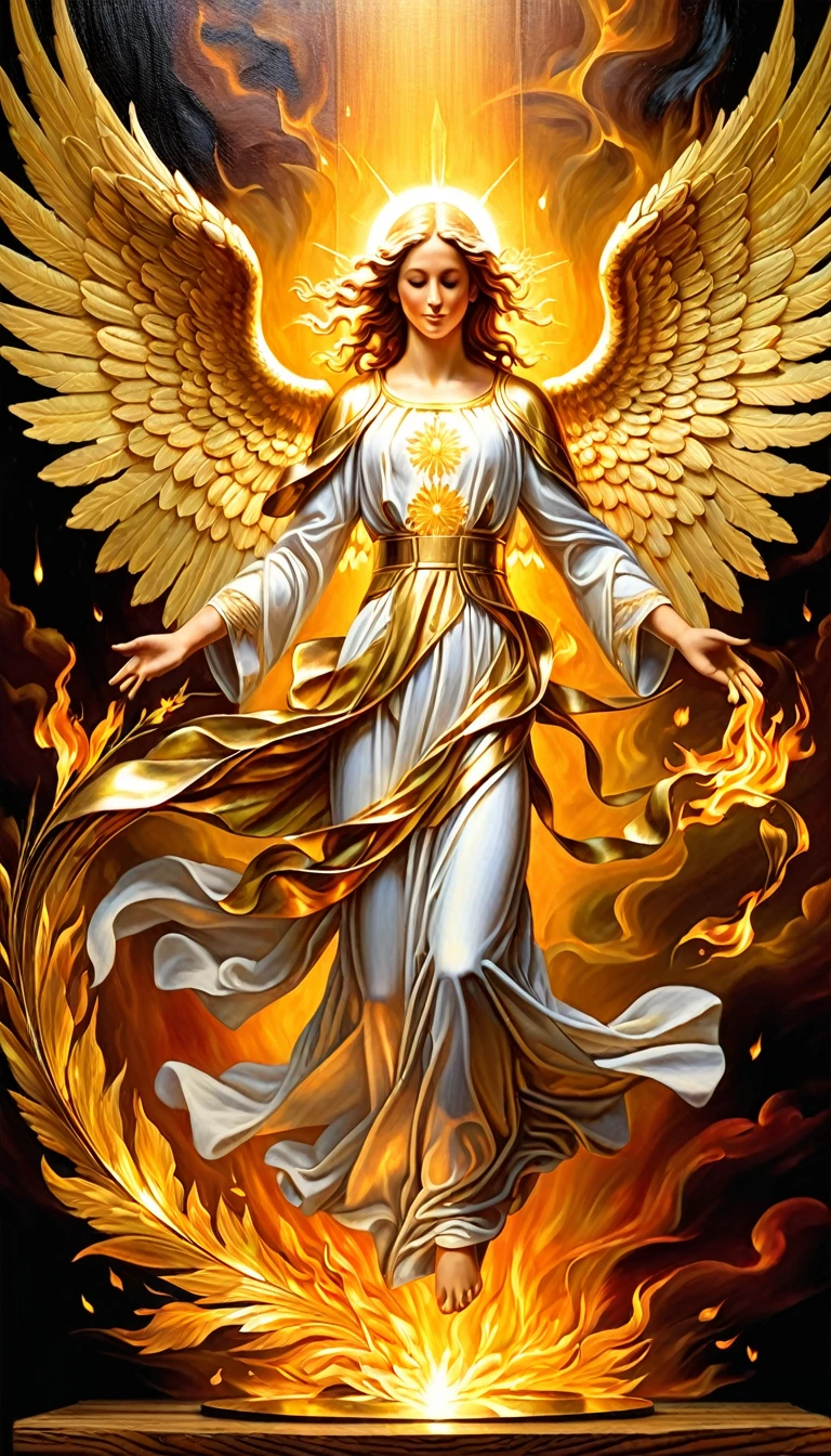 (gold art:1.5), (oil painting on wood), Guardian angel and the divine flame, amazing and impactful image, very detailed and impeccable, 4K definition