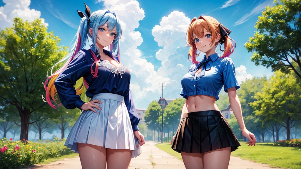 2girls, summer, village, trees, sun, clouds, ((colorful hair)), twintail, large breasts, blue bra, blue eyes, ((blue shirt)), black mini skirt, brown shoes, grin, standing, hair ribbon, hand on hip