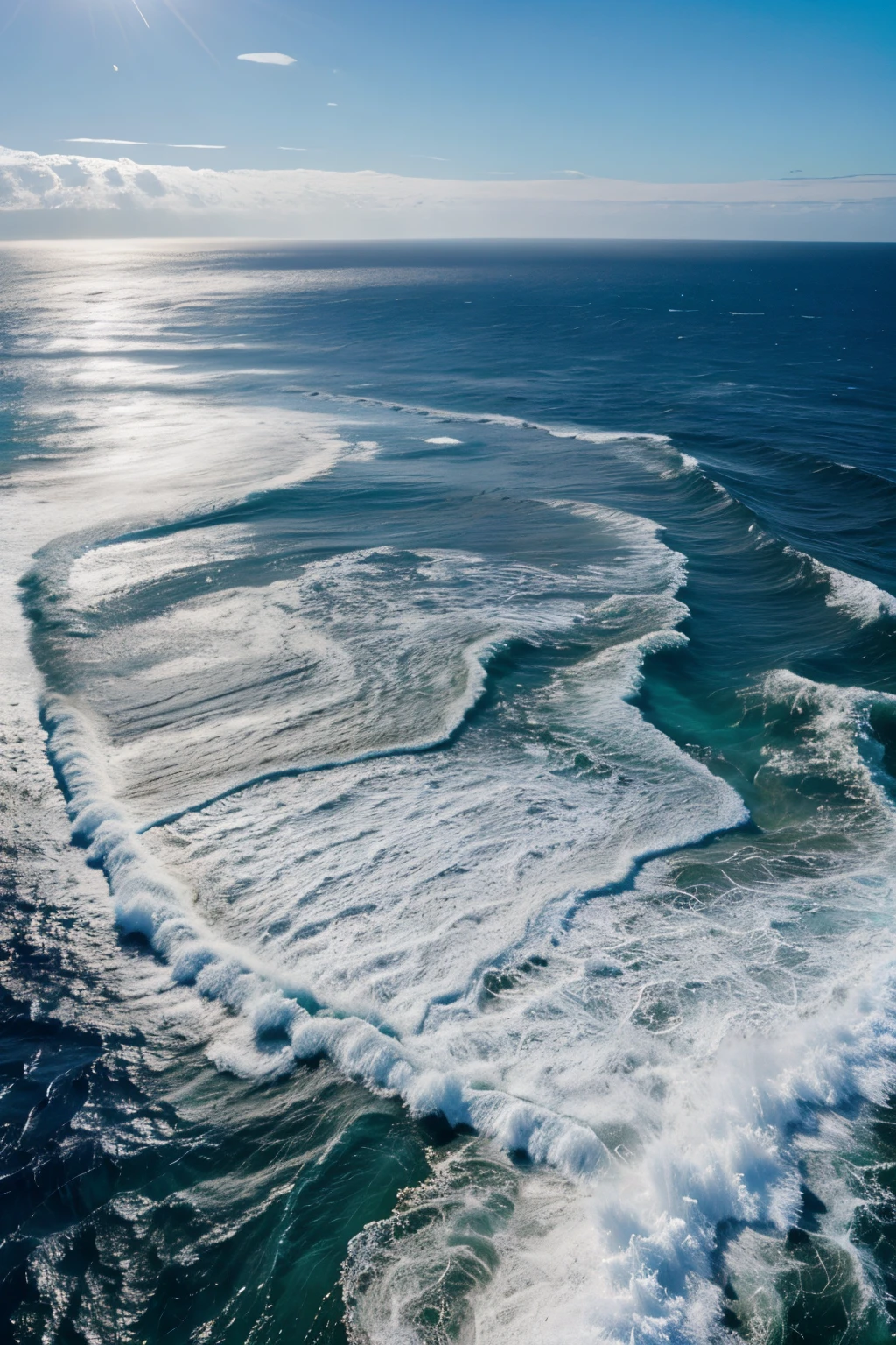 Intricately detailed, photorealistic image of the ocean from above, with white water foam creating a mosaic pattern against the azure backdrop. No woman or people are present in this serene scene, reminiscent of a Matisse art piece. High resolution, best quality, extremely detailed, with sharp focus on the surface of the water, revealing textured waves and realistic skin-like texture. The intricate patterns of foam are highlighted by the bright sun, creating a stunning visual masterpiece in 4k Ultra HD. No shadows or primitiveness disturb the pristine beauty of this oceanic tableau, making it an essential representation of the essence of real life, in the style of a professional