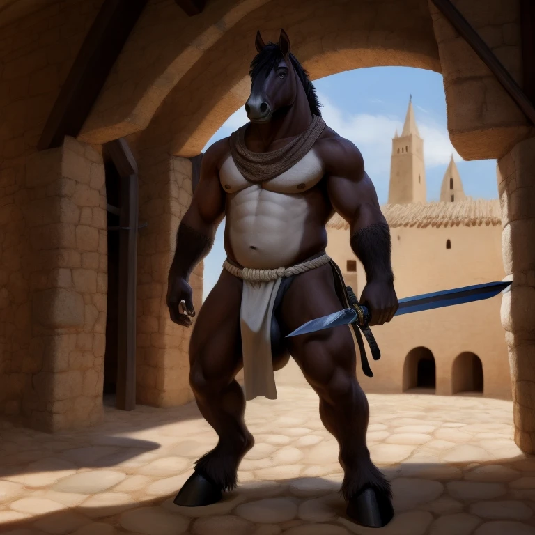 Furry, Antro, [Horse color dark Brown metal] , [Fundoshi Bulto Male Big], [Fundoshi White], Solo, [Bulto Male Big], Big Balls, Hooves , Detallado, cuerpo completo, cuerpo furry Brown dark, pueblo Medieval, pupil Eyes, Alta resolucion, Ropa Medieval, One Sword Medieval