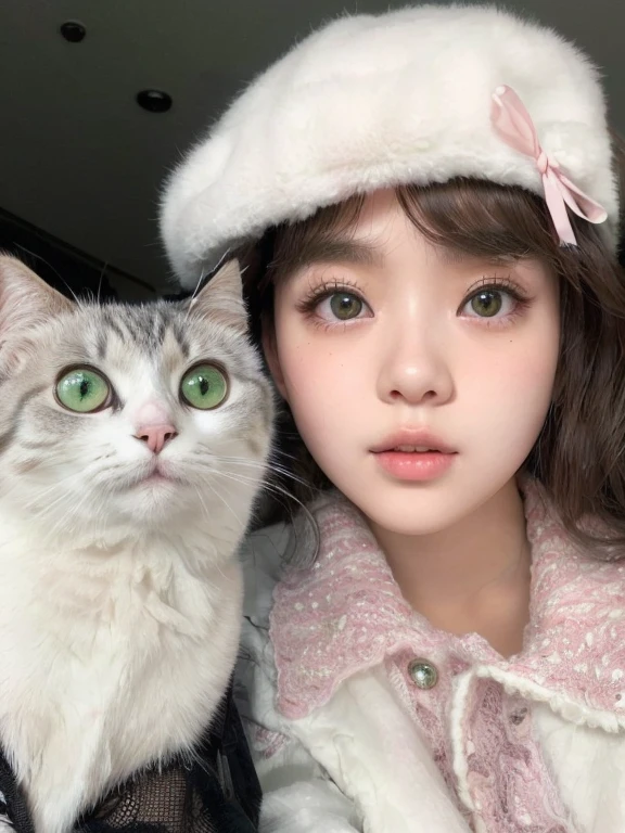 there is a woman and a cat that are posing for a picture, very beautiful cute catgirl, ulzzang, attractive cat girl, lalisa manobal, beautiful young catgirl, with big eyes, cute round slanted eyes, with cute doting eyes, cute round green slanted eyes, with gorgeous detailed eyes, wan adorable korean face