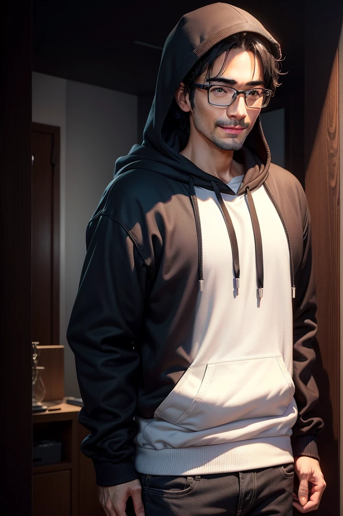 Adult male, 35 years old, dark brown eyes, with glasses, thin, no muscles, black hair, profile、smile、realistic pictures、no background、pure white background、hoodie