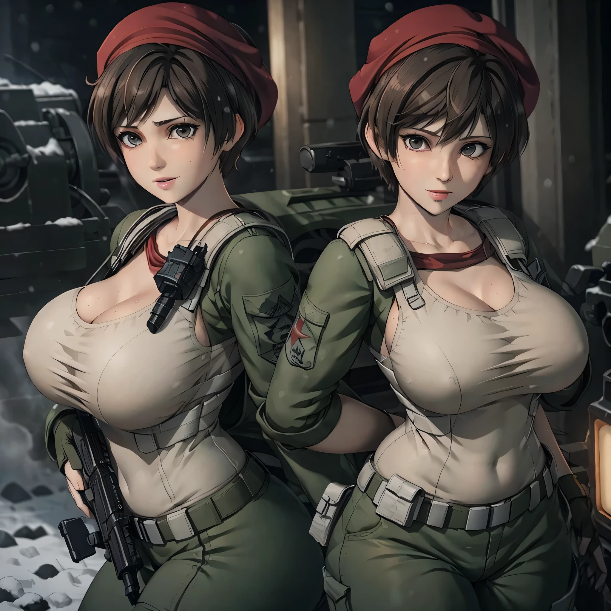 Rebecca chambers attractive huge breasts thick lips tight military outfit wearing red bandana on head in city night snowing holding medkit