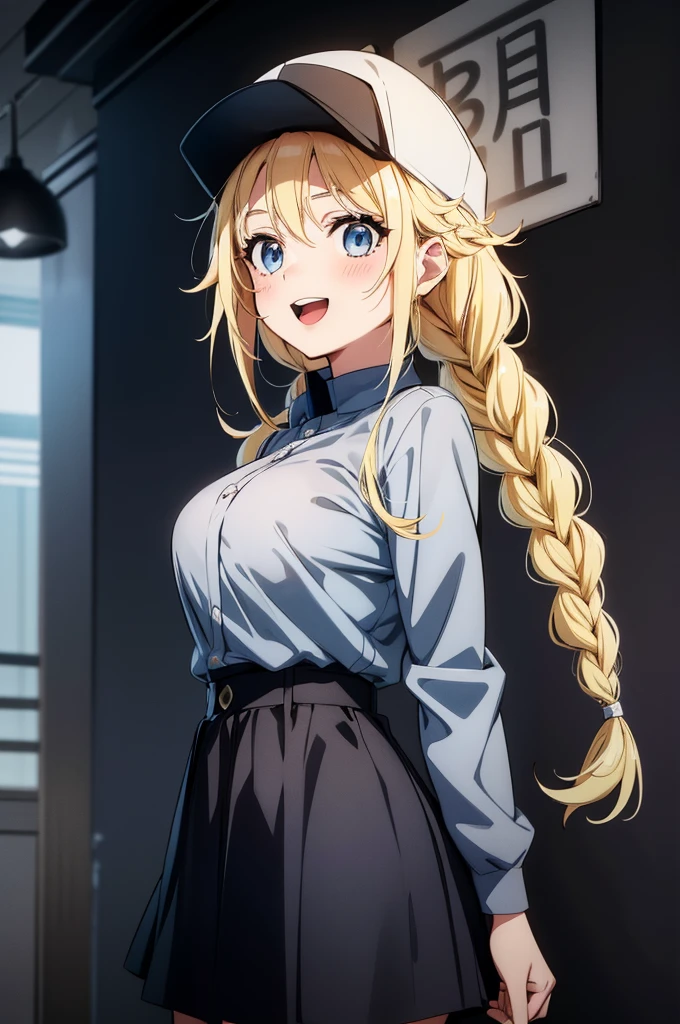(((grayscale)))a anime style girl with blonde hair wearing a baseball cap and dress, 1girl, solo, breasts, blue eyes, hat, blonde hair, looking at viewer, twin braids, smile, baseball cap, open mouth, long hair, skirt, braid, large breasts, blush, arms behind back, jacket, multicolored jacket,Eiko Tsukimi, blue eyes, braid, twin braid, (((blonde hair))),baseball cap, 