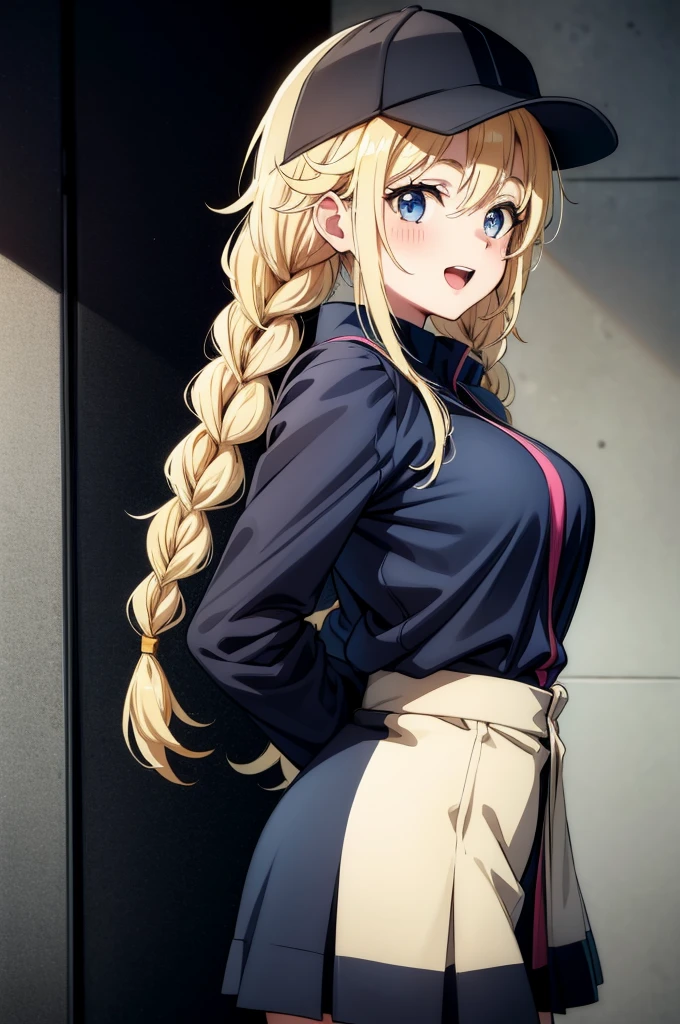 (((grayscale)))a anime style girl with blonde hair wearing a baseball cap and dress, 1girl, solo, breasts, blue eyes, hat, blonde hair, looking at viewer, twin braids, smile, baseball cap, open mouth, long hair, skirt, braid, large breasts, blush, arms behind back, jacket, multicolored jacket,Eiko Tsukimi, blue eyes, braid, twin braid, (((blonde hair))),baseball cap, 