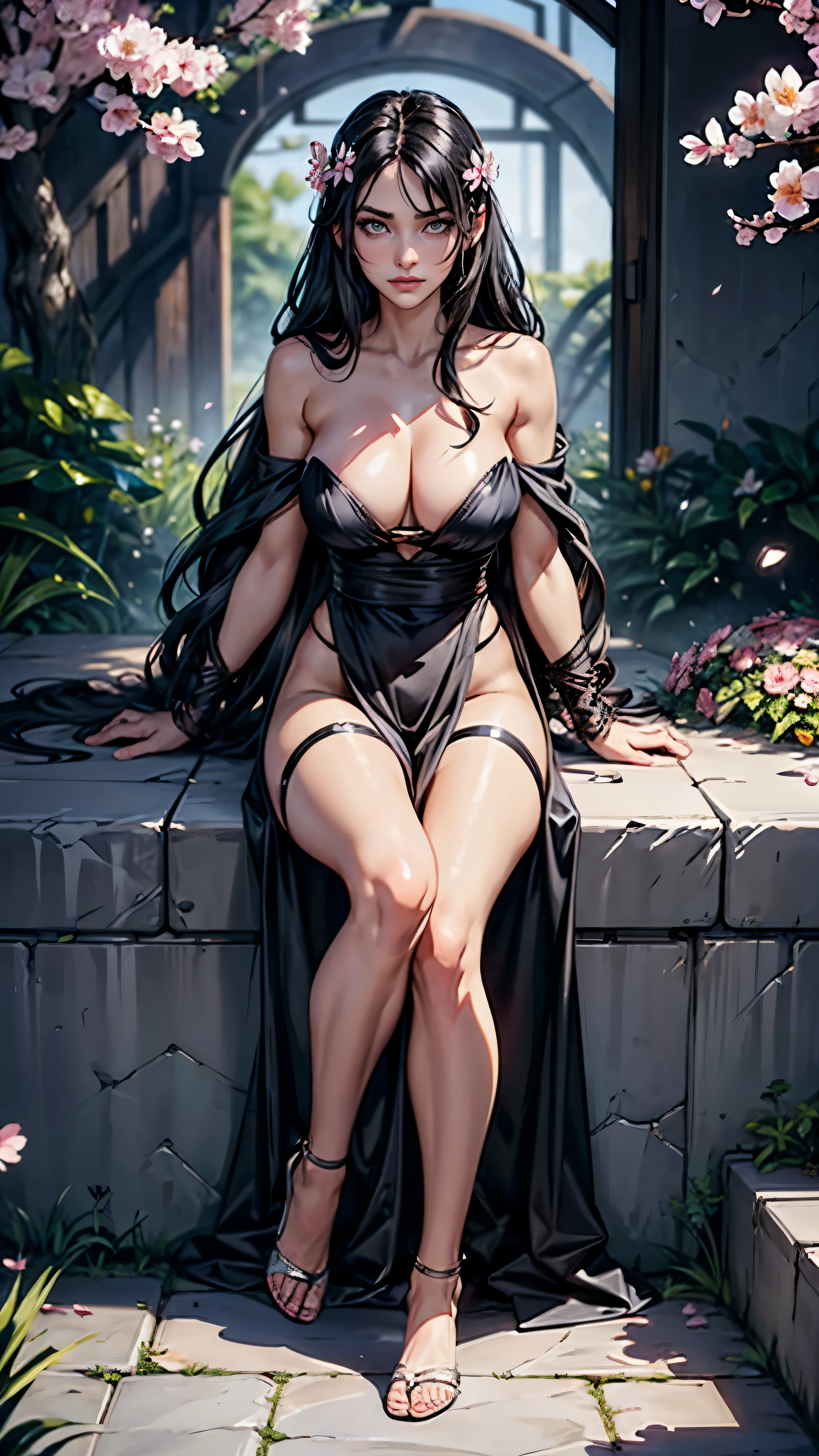 detailed eyes, detailed face,detailed hands, sidelighting, finely detailed beautiful gray eyes: 1.2), medium breast, realistic, glowing eyes,shiny hair,black hair,long long hair, lustrous skin, solo, embarassed,Strapless,exquisite,beautifly,garden,flowers,flying petals, bare legs, cherry blossom, cinematic light, cinematic composition, abundant expressions, full body